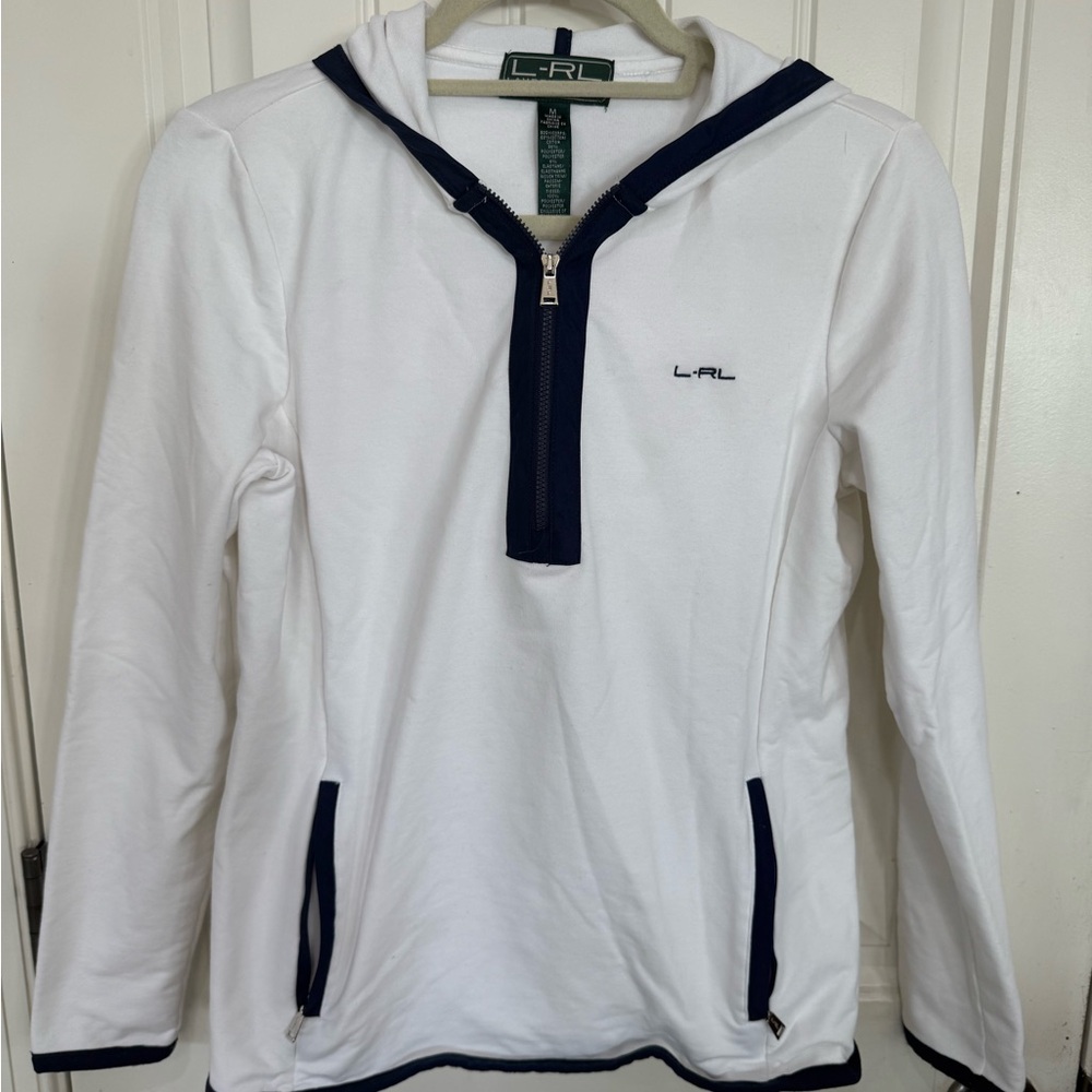 L-RL (Ralph Lauren) Women's White & Navy 3/4 zip hooded sweatshirt with pockets